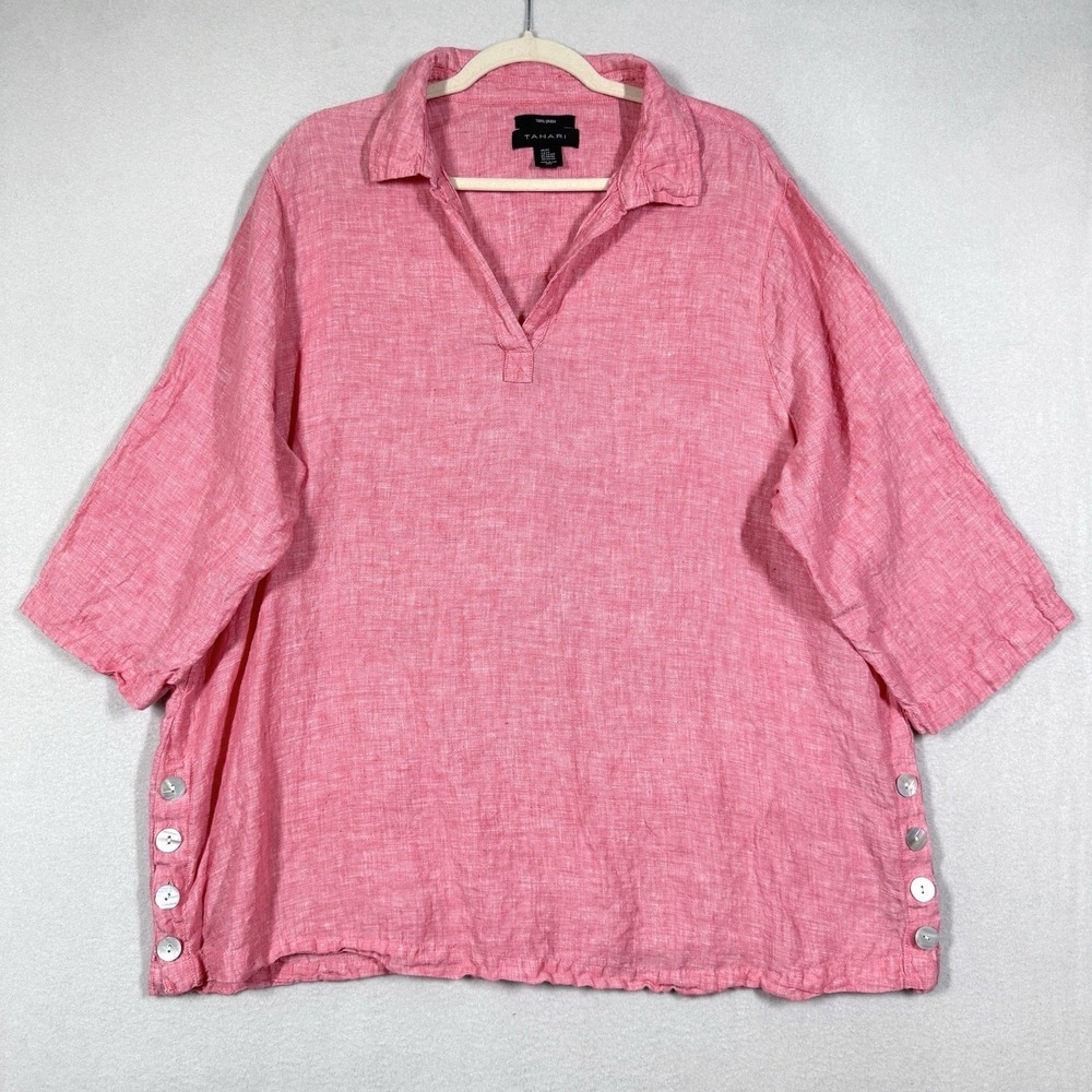 Tahari Top Womens 2X 100% Linen Popover Tunic Coastal Resort Beach Relaxed